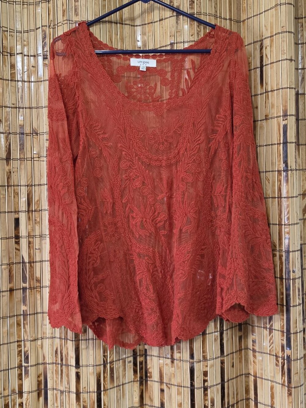 Umgee USA Rust Orange Floral Sheer Lace Long Sleeve Tunic Top S/M